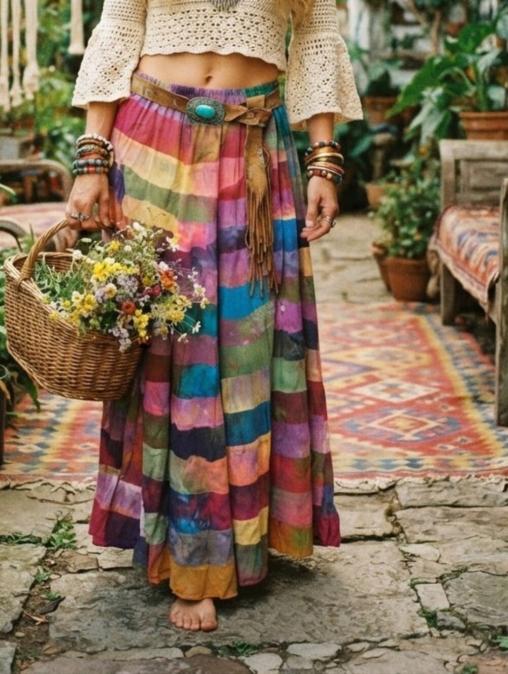 Denim 24/7 Vibrant Multi-Stripe Boho Maxi Skirt